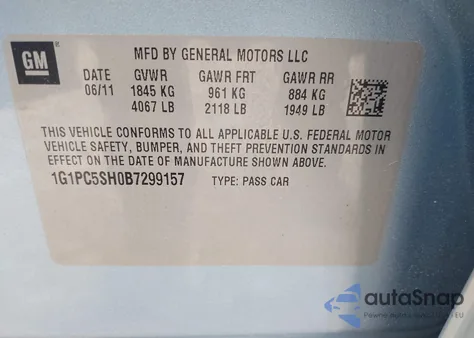 2011 Chevrolet Cruze Ls z USA, uszkodzony, nr VIN 1G1PC5SH0B7299157